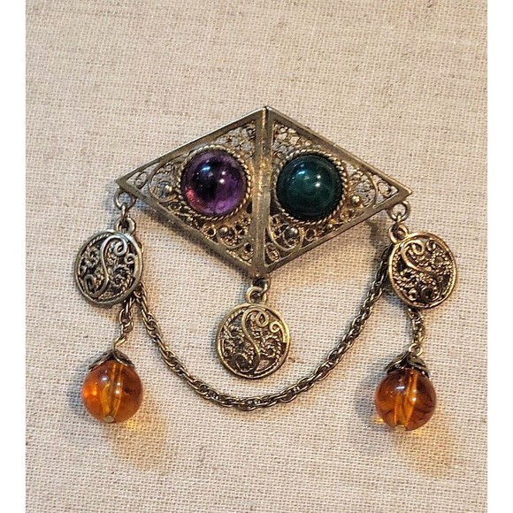 VTG Retro Ornate Filigree Jewel tone Beaded Dangles Antiqued Gold Brooch Pin - Picture 1 of 6